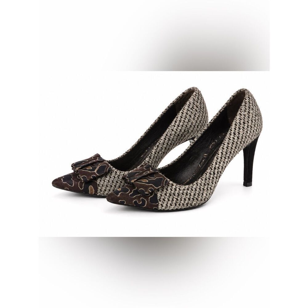 Tory Burch Cleo Tweed and Silk Patterned Bow Woven Pointed-Toe High Heels